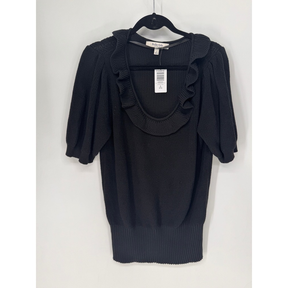 Torrid Knit Top Womens 2X Black NWT Belle Isle Ruffle Neck Short Sleeve Ribbed